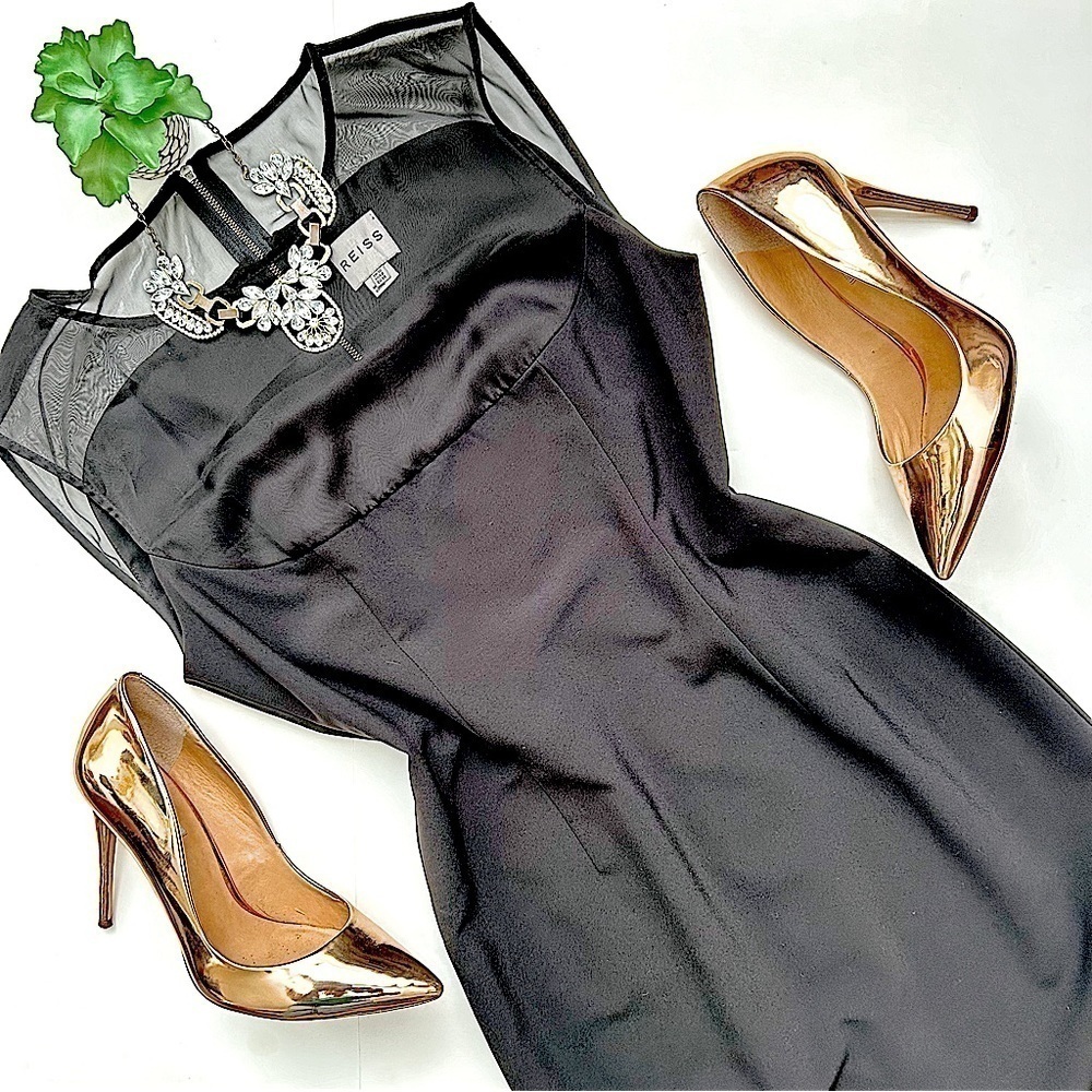 Reiss Black Wish Dress Sleeveless Sheath Mesh Yoke Collar Fitted Mini Size 6